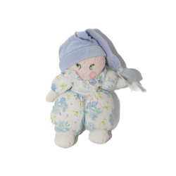 Doudou tissu poupée chiffon blanc imprimé fleurs bleues Bonnet Nounours