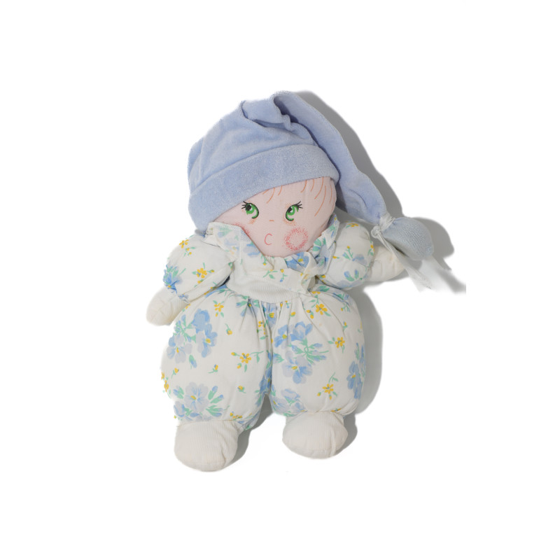 Doudou tissu poupée chiffon blanc imprimé fleurs bleues Bonnet Nounours