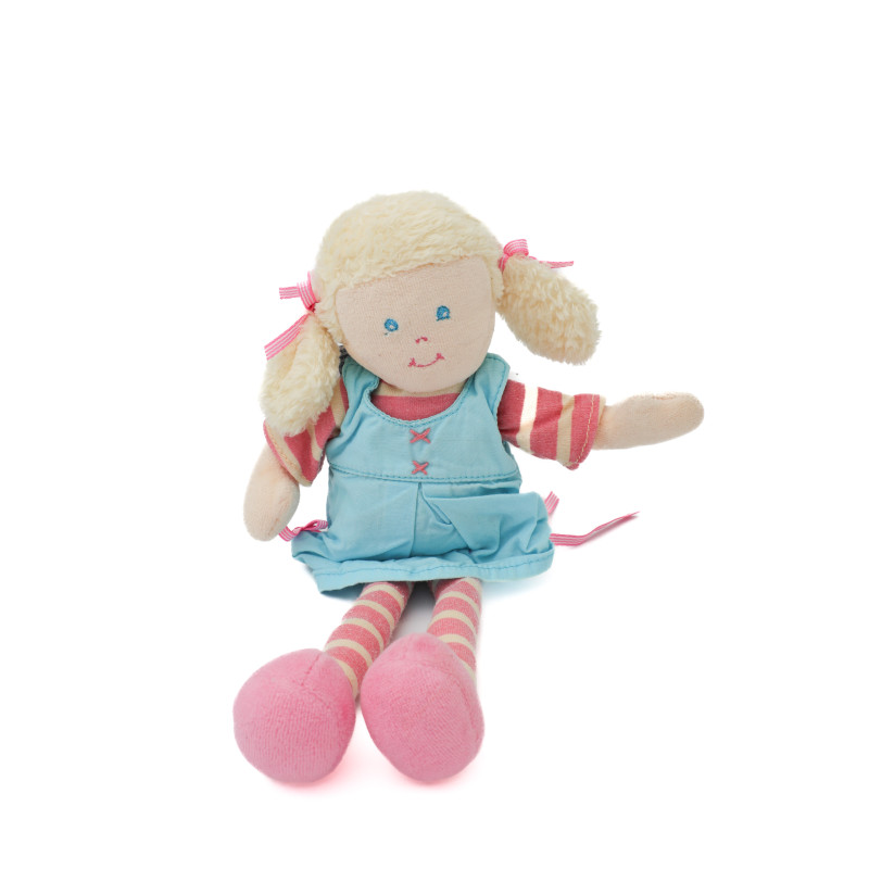 Doudou poupée tissu robe bleue rose rayrures 30 cm Ajéna | Destoc...