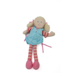 Doudou poupée tissu robe bleue rose rayrures 30 cm Ajéna | Destoc...