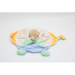 Doudou plat éléphant blanc bleu jaune Ajéna