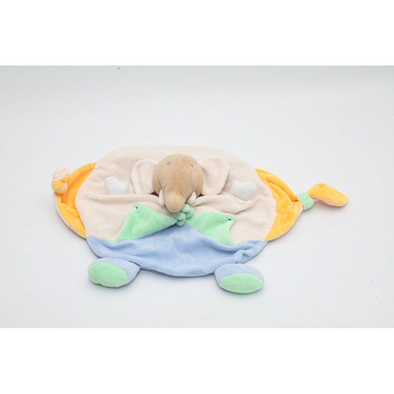 Doudou plat éléphant blanc bleu jaune Ajéna