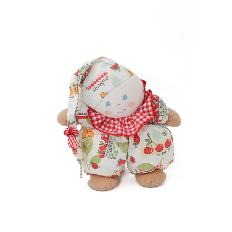 Doudou poupée lutin tissu cherries cerises blanc rouge collerette Nounours grelot 22 cm