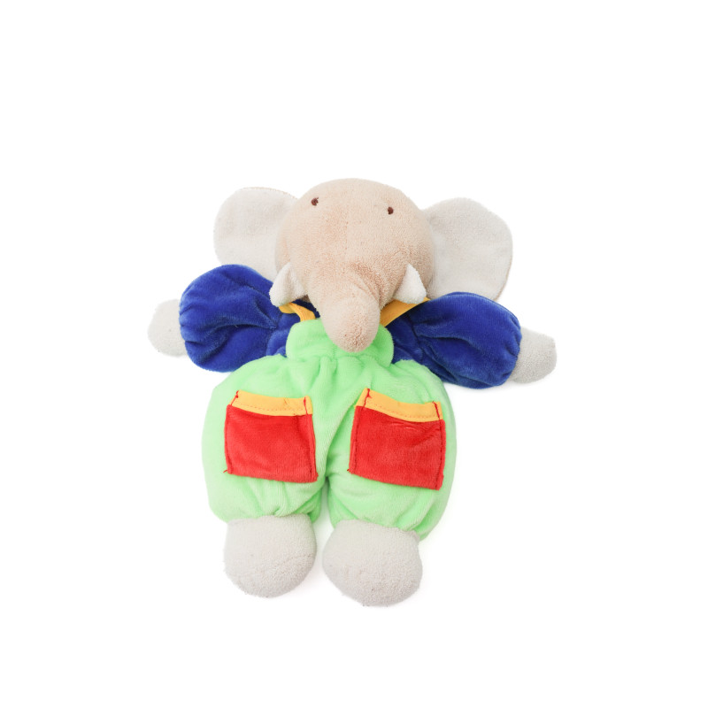 Peluche doudou Elephant vert bleu rouge salopette grelot Ajéna 20 cm