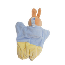 Doudou marionnette lapin bleu jaune poche Noeud papillon Nounours |