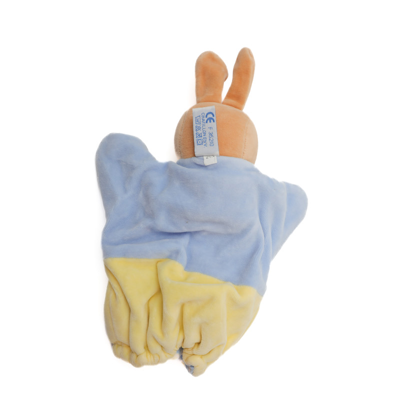 Doudou marionnette lapin bleu jaune poche Noeud papillon Nounours |