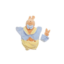 Doudou marionnette lapin bleu jaune poche Noeud papillon Nounours |