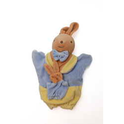 Doudou marionnette lapin bleu jaune poche Noeud papillon Nounours |