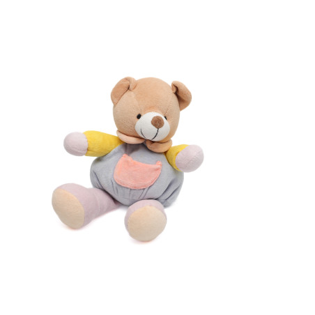 Doudou ours bleu marron poche rose grelot CP International 28 cm