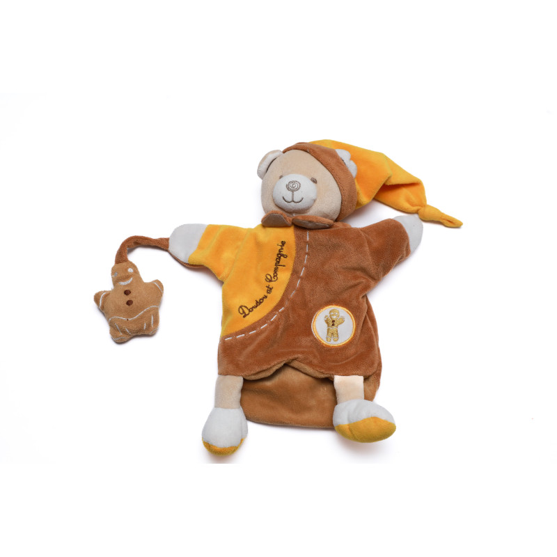 Doudou et Compagnie Marionnette ours Mario marron orange Pain d Epices Grelot