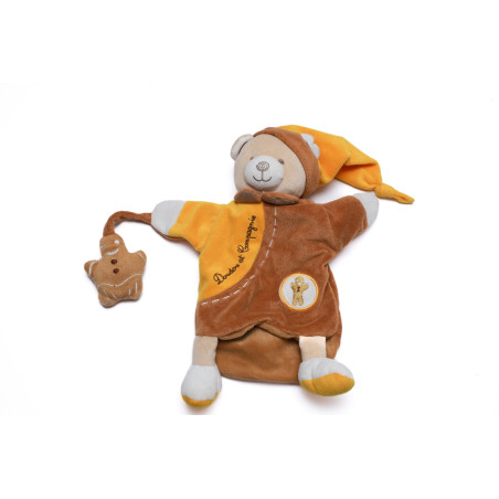 Doudou et Compagnie Marionnette ours Mario marron orange Pain d Epices Grelot