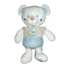 Doudou Ours bleu beige gris blanc avec oiseau 25 cm Mots d'Enfants | Destock Baby