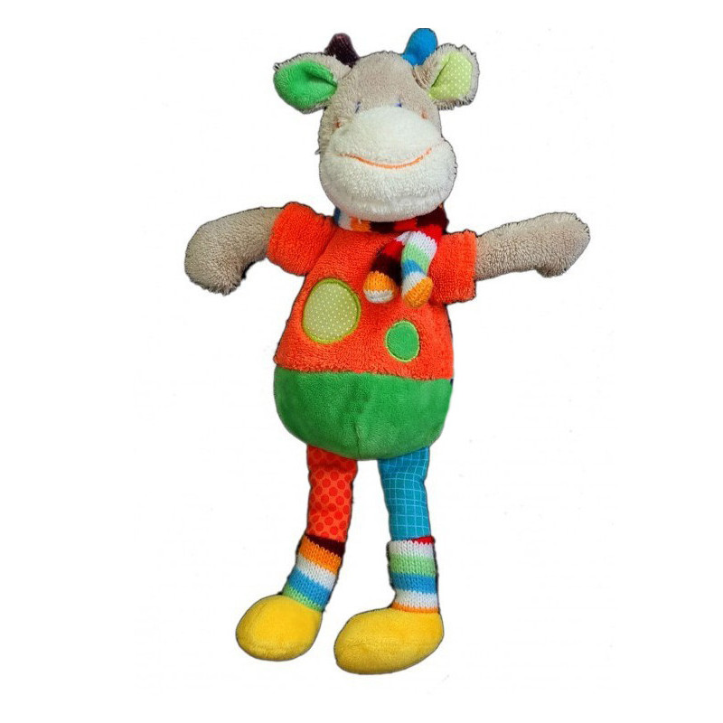 Doudou Peluche Girafe Vache Vert rouge ronds Echarpe rayée MOTS D'ENFANTS 579/6288 30 cm