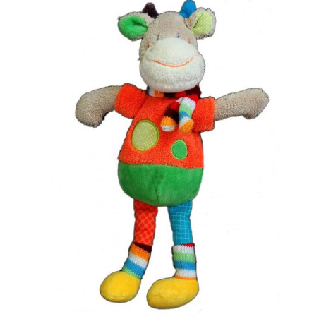 Doudou Peluche Girafe Vache Vert rouge ronds Echarpe rayée MOTS D'ENFANTS 579/6288 30 cm