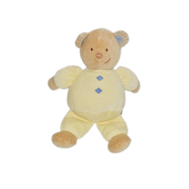 Doudou Ours jaune losanges bleu TEX 26 cm