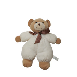 Doudou peluche ours beige Priscilla Larsen grelot ruban marron Vintage 32 cm | Destock Baby