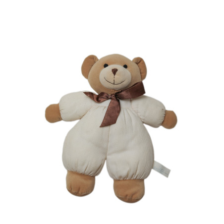 Doudou peluche ours beige Priscilla Larsen grelot ruban marron Vintage 32 cm | Destock Baby
