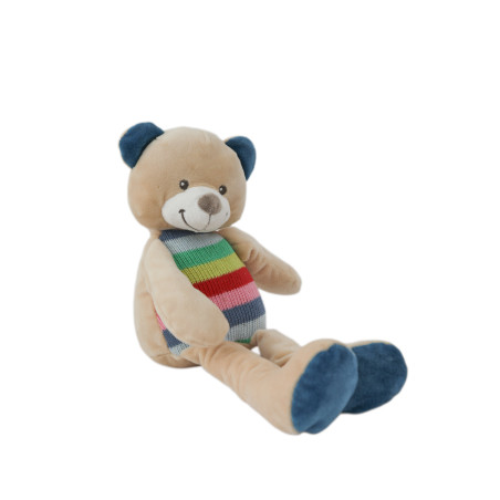 Peluche doudou Ours beige bleu rayures tricot NICOTOY 35 cm | Destock Baby