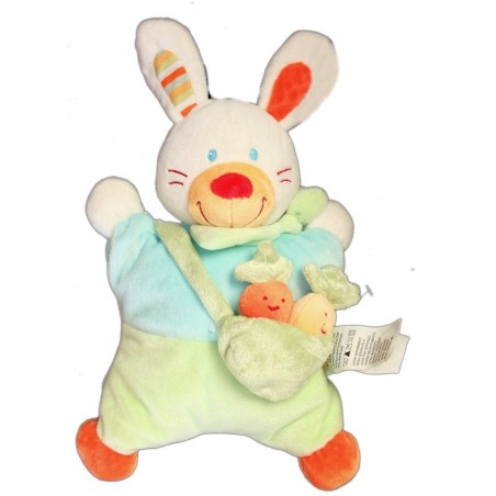 Doudou coussin LAPIN Bleu vert Panier carottes NICOTOY Kitchou Kiabi 28 cm (20539)
