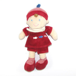 Doudou MOTS D'ENFANTS poupée garçon marin rouge poissons 26 cm