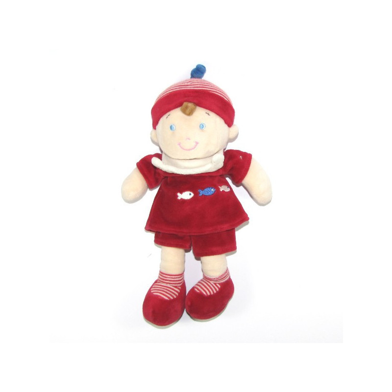 Doudou MOTS D'ENFANTS poupée garçon marin rouge poissons 26 cm