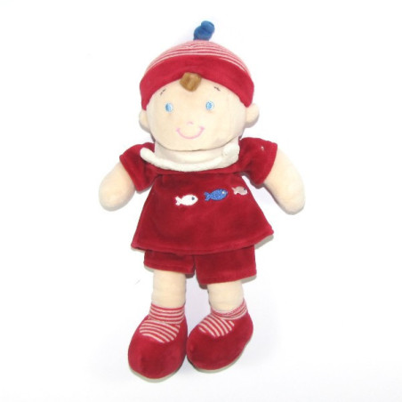 Doudou MOTS D'ENFANTS poupée garçon marin rouge poissons 26 cm