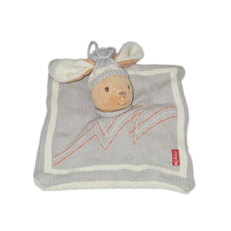 Doudou Plat Lapin Kaloo gris blanc Bonnet Laine tricot| Destock Baby