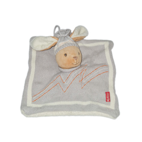 Doudou Plat Lapin Kaloo gris blanc Bonnet Laine tricot| Destock Baby