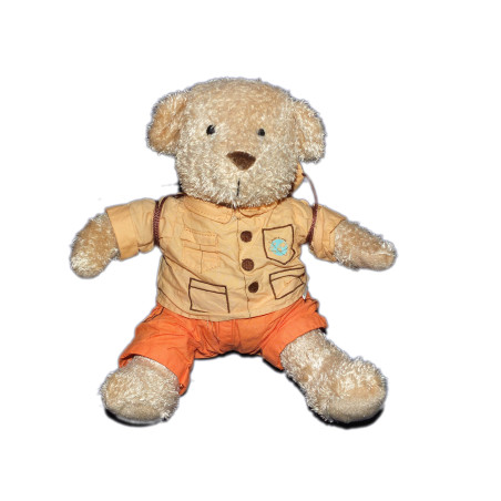 Peluche doudou ours beige assis short orange chemise DAMART 28 cm