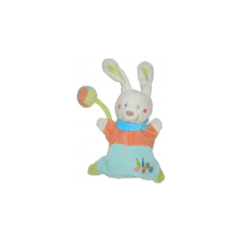Doudou marionnette lapin bleu orange quilles dés Pommette | Destock Baby