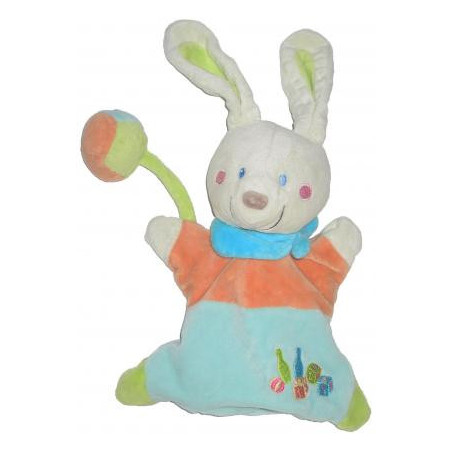Doudou marionnette lapin bleu orange quilles dés Pommette | Destock Baby