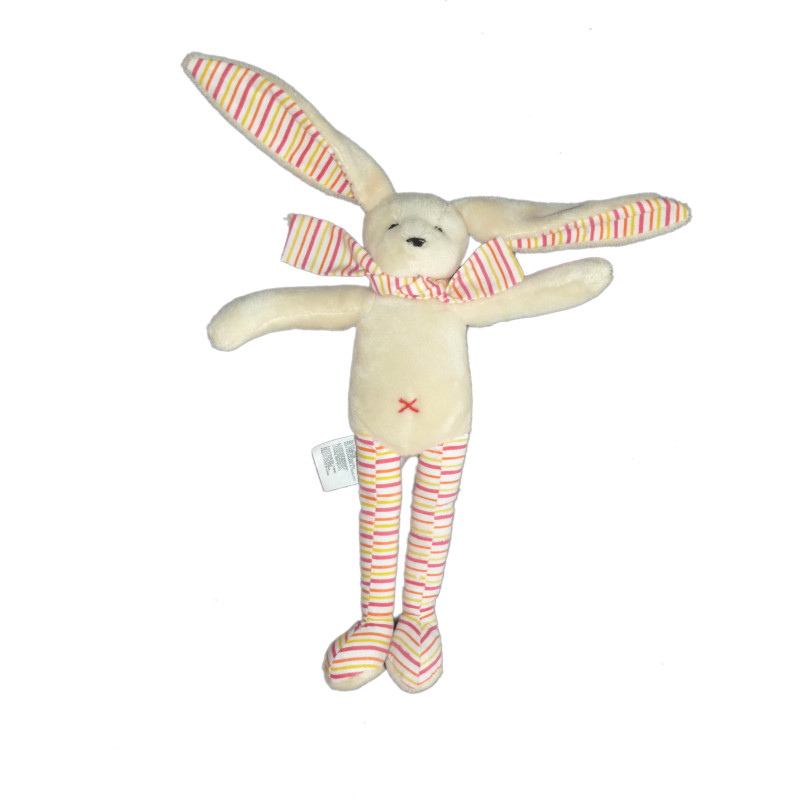 Doudou Lapin Beige clair crème SERGENT MAJOR Rayures orange rouge jaune