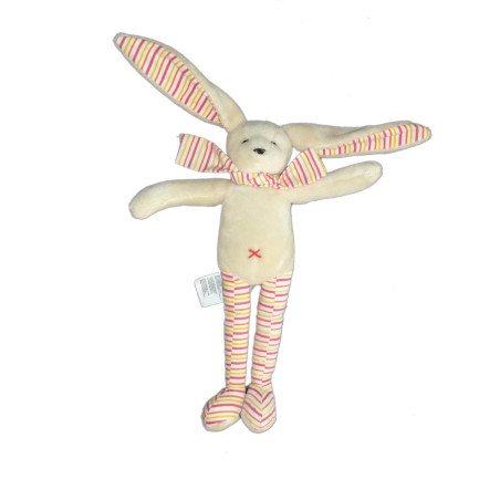 Doudou Lapin Beige clair crème SERGENT MAJOR Rayures orange rouge jaune