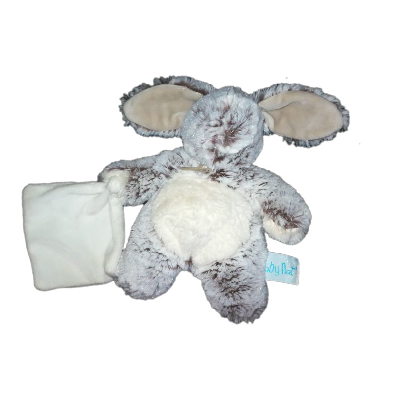Babynat - Pantin collection : Les Flocons - Doudou Lapin chiné gris brun avec mouchoir blanc - Peluche 22 cm (18866)