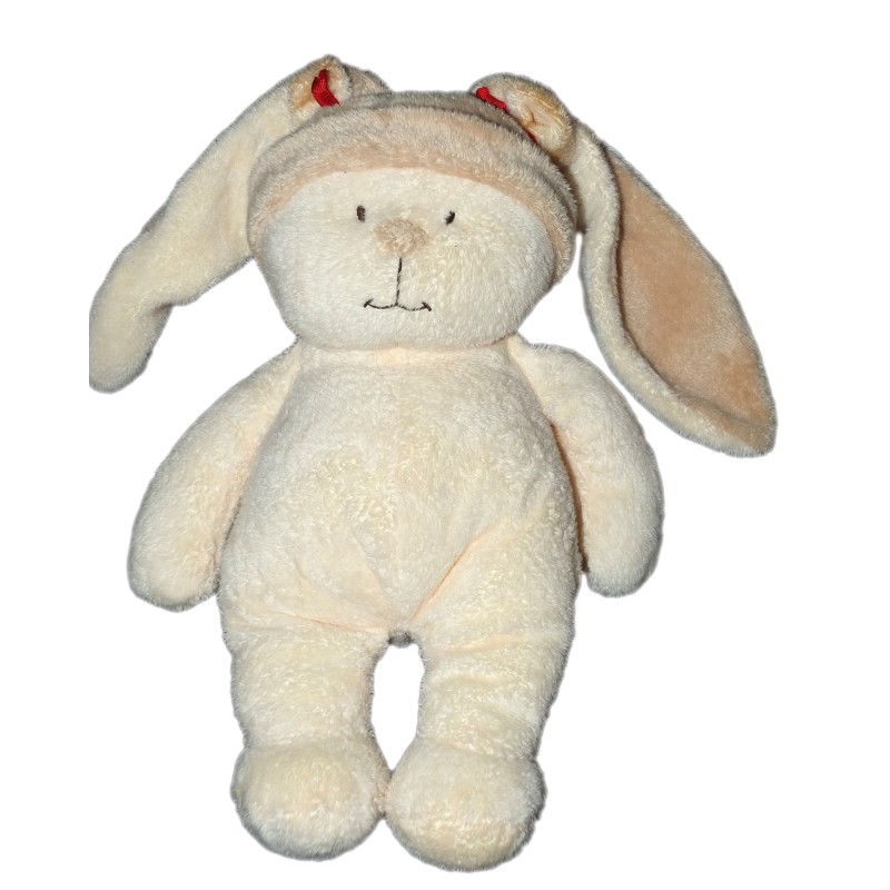 Doudou LAPIN beige crème NICOTOY The Baby collection Petits noeuds rouges 28 cm (13232)