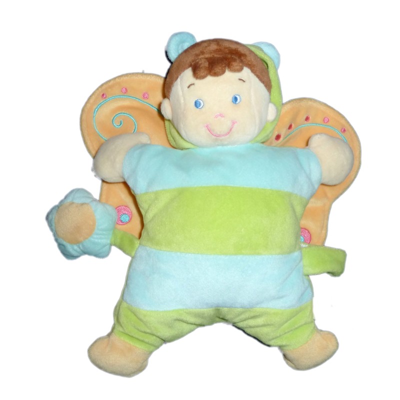 Doudou coussin Garçon Lutin Papillon bleu vert NICOTOY H 25 cm (14183)