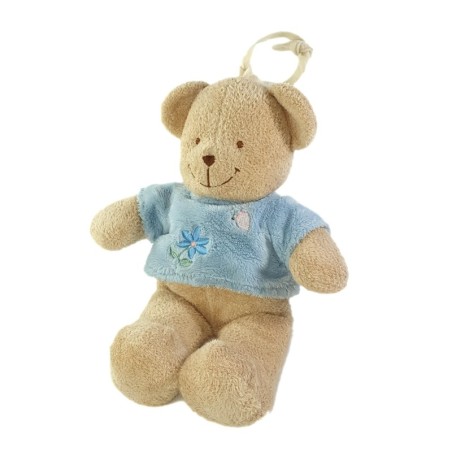 Doudou Peluche musicale Ours beige pull bleu fleur Papiillon 30 cm TEX Baby Carrefour (24124)