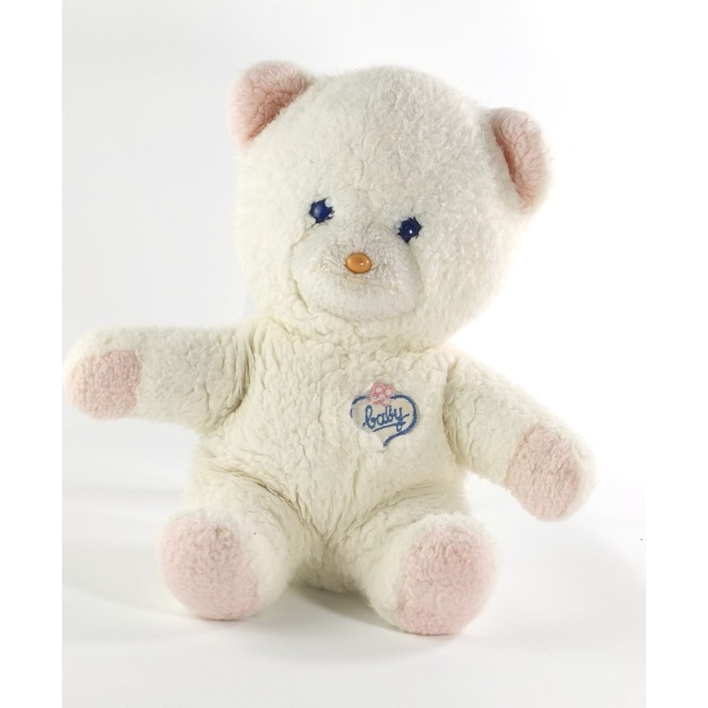 Vintage Doudou peluche ours blanc rose Baby BOULGOM Yeux bleus 26 cm (20317)