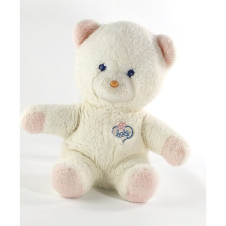 Vintage Doudou peluche ours blanc rose Baby BOULGOM Yeux bleus 26 cm (20317)