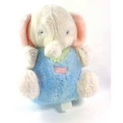 Ancienne peluche doudou Elephant Vintage bleu blanc rose grelot Boulgom 22 cm (20690)