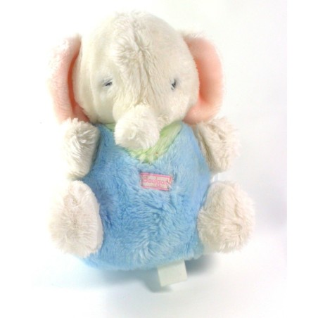 Ancienne peluche doudou Elephant Vintage bleu blanc rose grelot Boulgom 22 cm (20690)