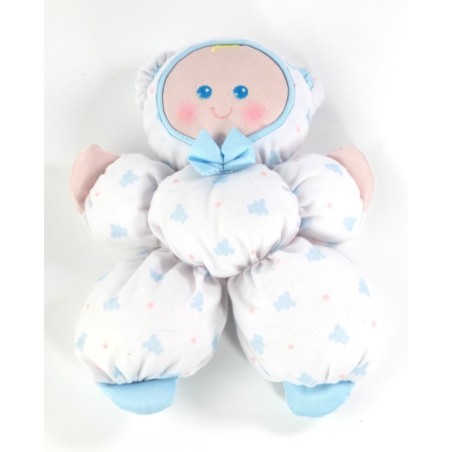 Doudou poupee tissu chiffon blanc motif ours bleus noeud Fisher Price 25 cm (20928)