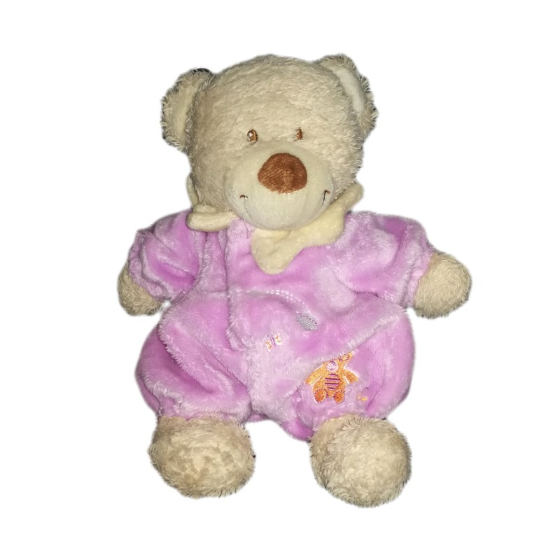Peluche Doudou Ours beige combinaison mauve 25 cm TEX Baby Papillon nuage (21272)