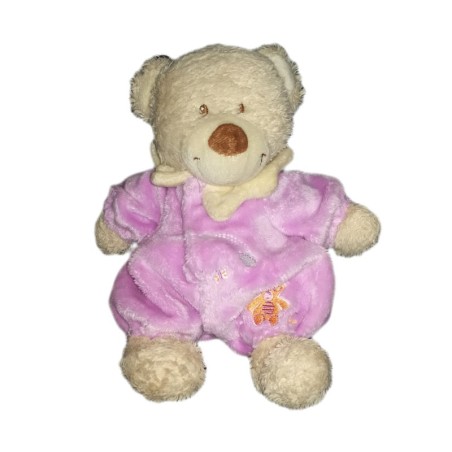 Peluche Doudou Ours beige combinaison mauve 25 cm TEX Baby Papillon nuage (21272)