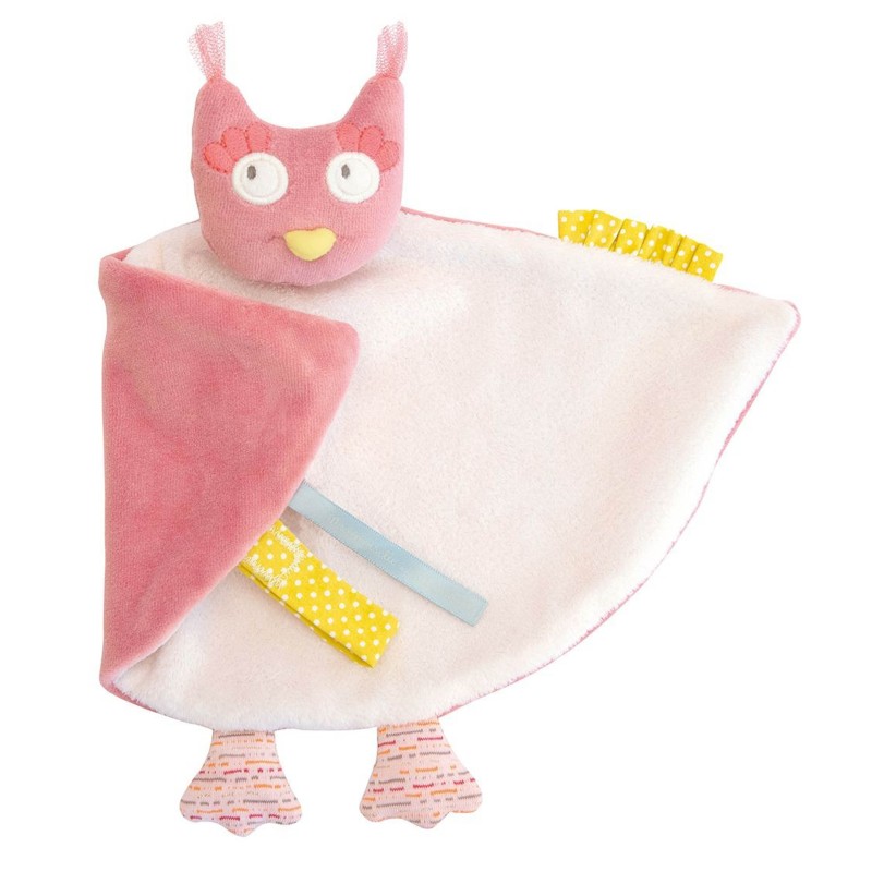 Doudou à Broder Chouette hibou Blanc Rose  Moulin Roty Mademoiselle et Ribambelle Attache tétine (13515)