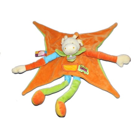 DOUDOU ET COMPAGNIE - Vache orange Vert bleu Feuille Tatoo 35 cm (13430)