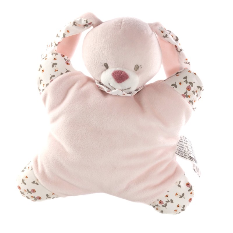 Doudou semi plat coussin lapin rose fleuri Grelot Monoprix Bout'chou (19322)