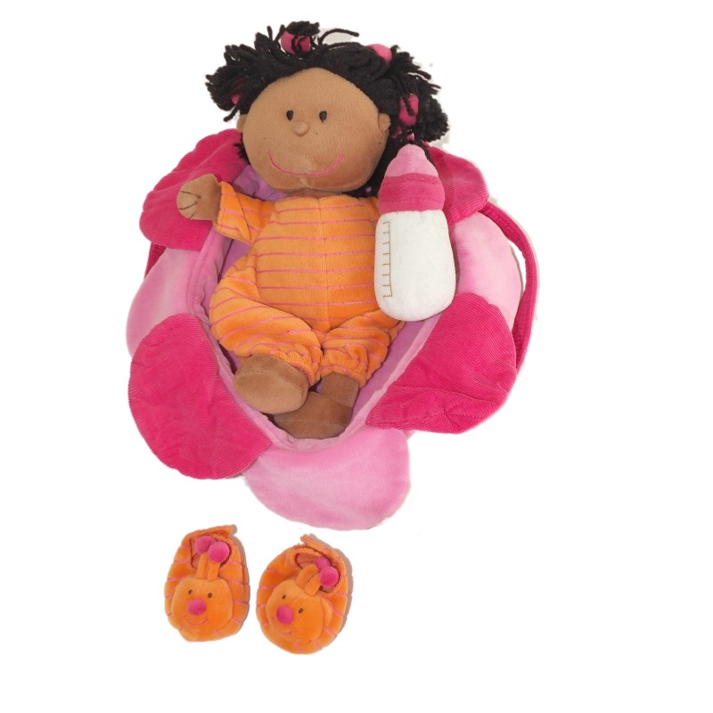 Doudou peluche Poupée Chiffon Bébé métisse - LILLIPUTIENS - Couffin rose  (9470)