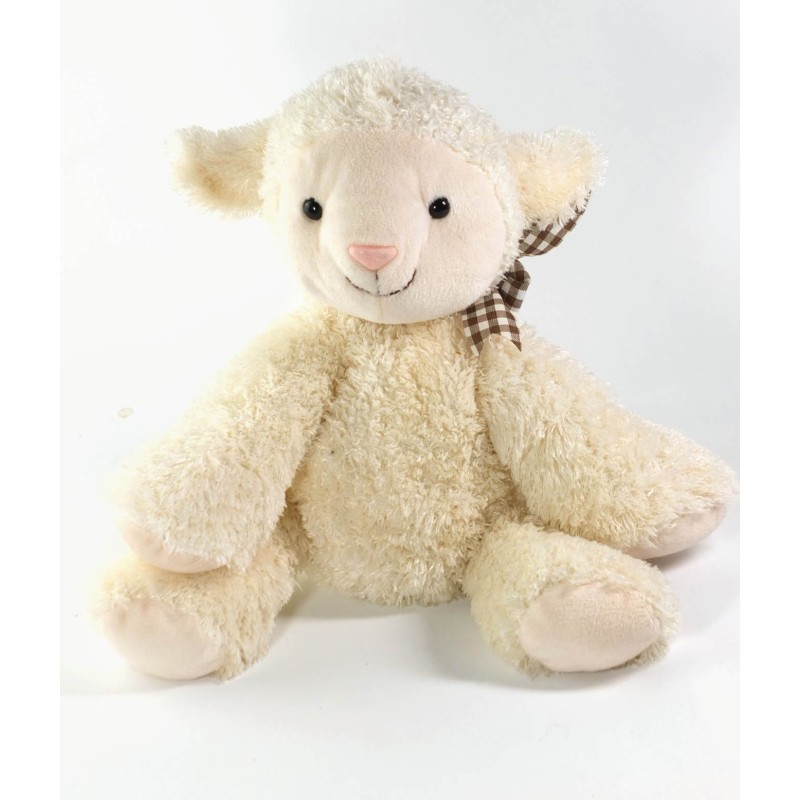 Peluche doudou Mouton blanc 24 cm Jours Heureux Noeud carreaux Creaprim  (20655)