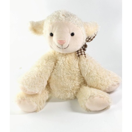 Peluche doudou Mouton blanc 24 cm Jours Heureux Noeud carreaux Creaprim  (20655)